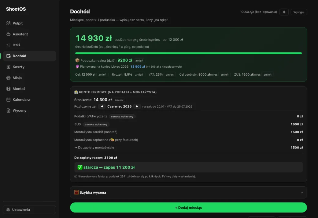 Dochód ShootOS — miesiące, faktury i podatki