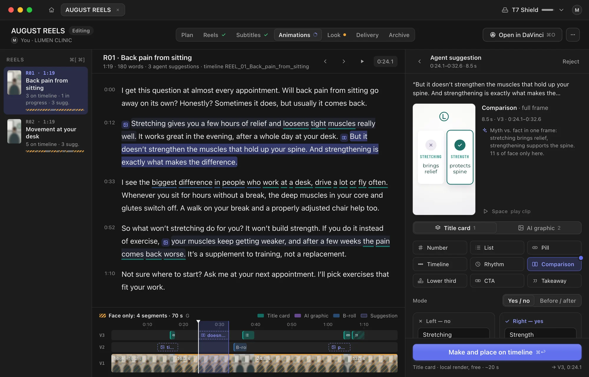 Graphics window: the reel’s text with the agent’s suggestions, a V1–V3 track bar and a Comparison title card previewed in the brand’s colors