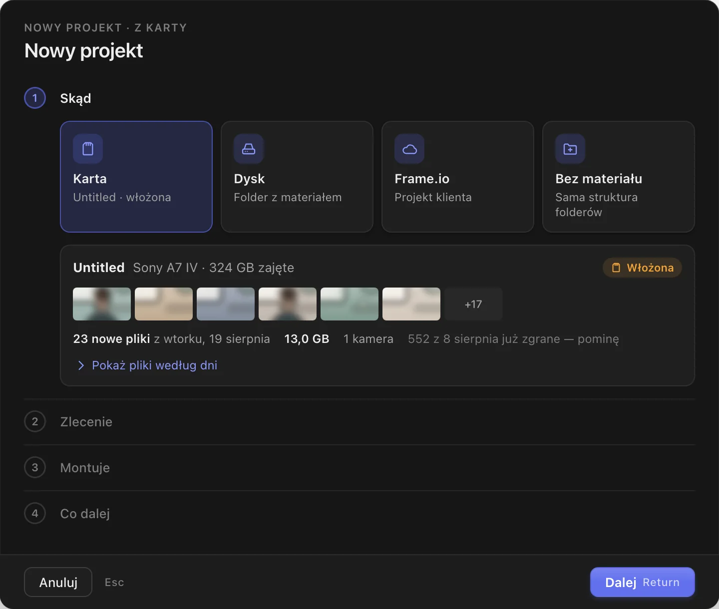 Kreator nowego projektu: karta, dysk, Frame.io albo bez materiału; podsumowanie karty z liczbą nowych plików