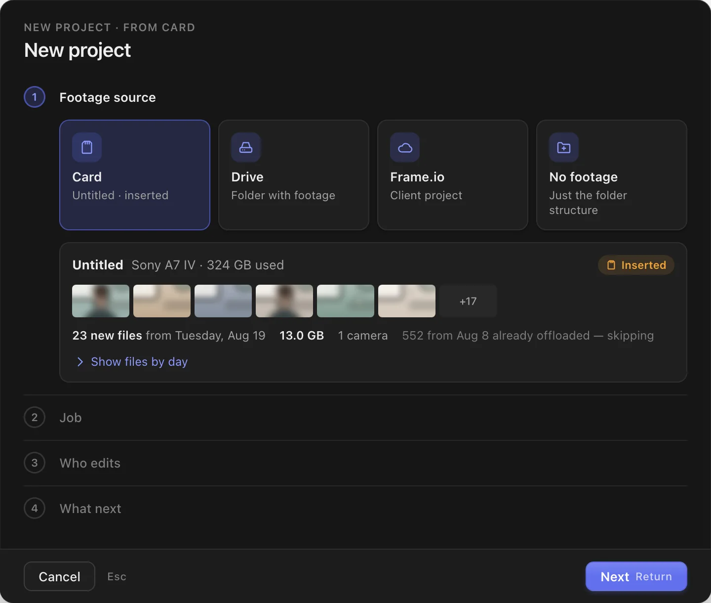 New project wizard: card, drive, Frame.io or no footage; a card summary with the number of new files