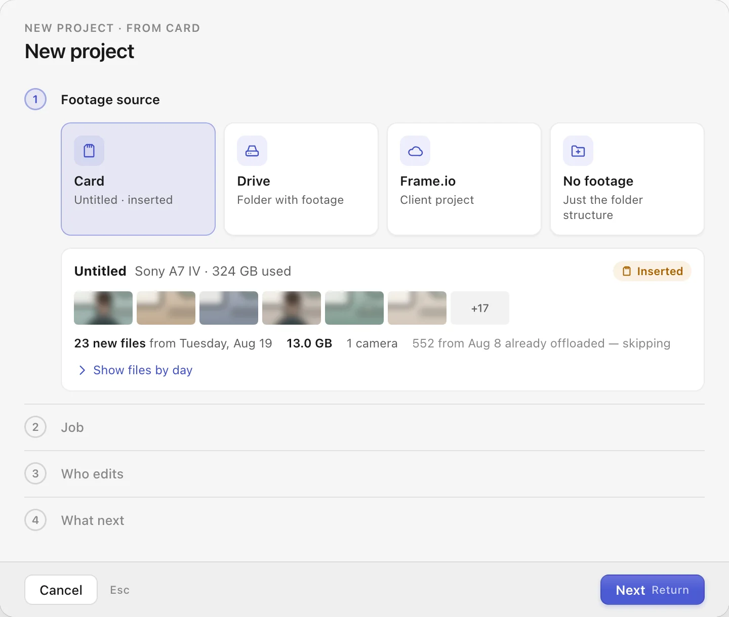 New project wizard: card, drive, Frame.io or no footage; a card summary with the number of new files
