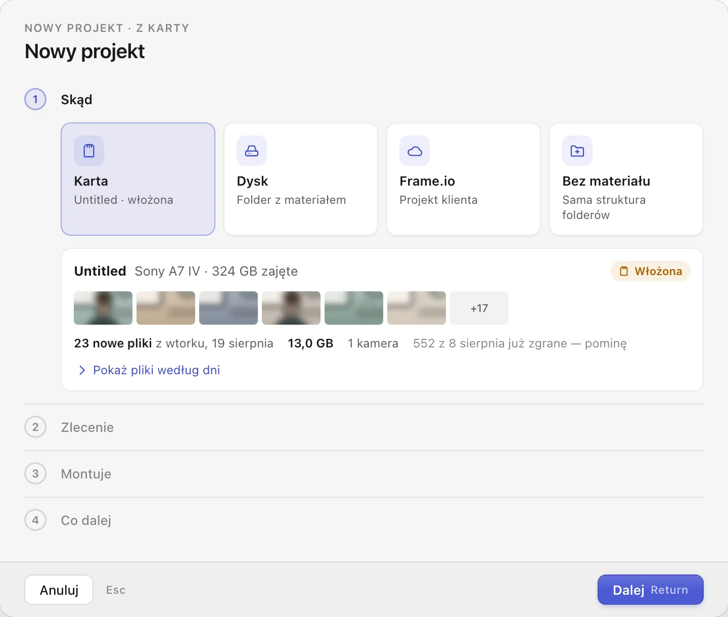 Kreator nowego projektu: karta, dysk, Frame.io albo bez materiału; podsumowanie karty z liczbą nowych plików
