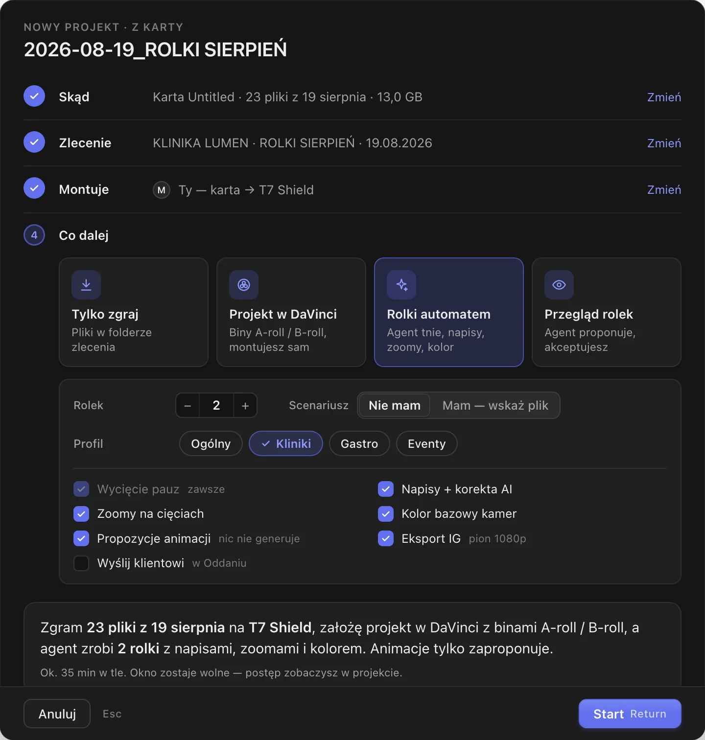 Kreator, krok Co dalej: rolki automatem, liczba rolek, scenariusz, profil i lista tego, co zrobi agent