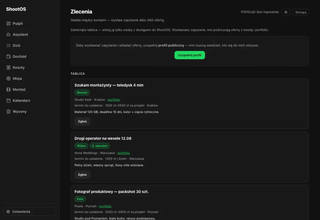 Zlecenia ShootOS — giełda między kontami